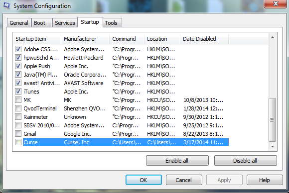 When you're in msconfig, go to the startup tab and look for 'Curse' and uncheck it. So from now on curse won't lauch on startup.
