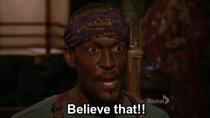 A person in a Survivor-themed GIF holding up a hand and asking 'Can I have a GIF?' with a hopeful expression.