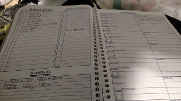 a notebook open to two pages, the left side has a to-do list, an appointment list, and a journal section; the right has a messages log