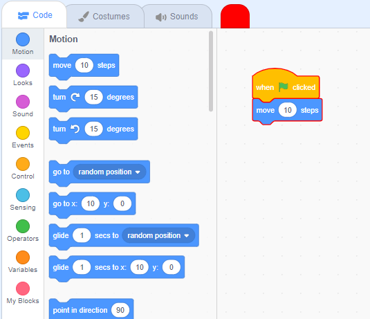 Scratch (Word Blocks) program to move forward, turn left