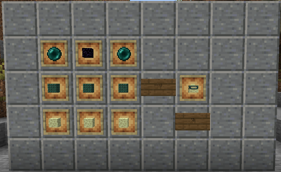 end portal with endstone, dark prismarine, ender pearls, and obsidian.