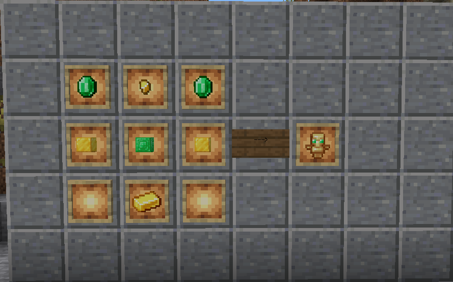 totem of undying recipe, needs: gold block x2, emerald block x1, emerald x2, gold ingot x1, gold nugget x1.
