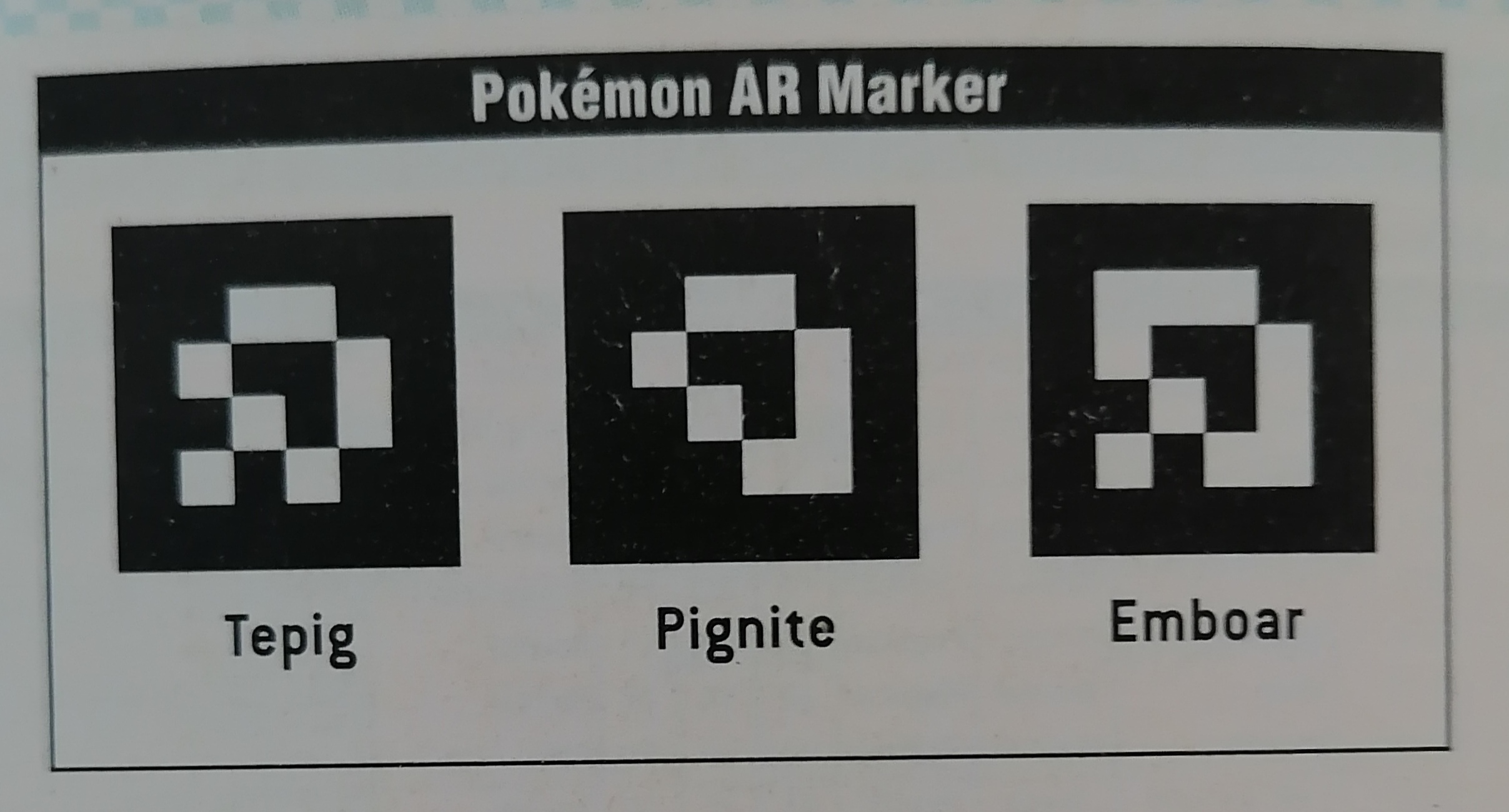 Photo of the ar markers of tepig, pignite, and emboar, which have similar shapes