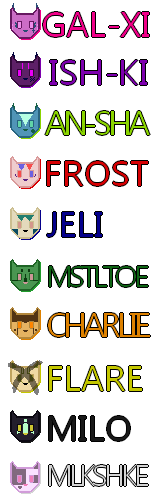 A list of the characters in the story. Alive characters are Gal-Xi aka Pink, Ish-Ki aka Purple, An-Sha aka Lime, Frost aka Red, Jeli aka Blue, Mistletoe aka Green, Charlie aka Orange, Milo aka Black, and Milkshake aka White. Flare, aka Yellow, is listed as dead.