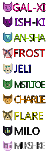 A list of the characters in the story. Alive characters are Gal-Xi aka Pink, Ish-Ki aka Purple, An-Sha aka Lime, Jeli aka Blue, Mistletoe aka Green, Charlie aka Orange, Milo aka Black, and Milkshake aka White. Listed as dead are Flare, aka Yellow, and Frost, aka Red.