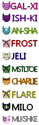 A list of the characters in the story. Alive characters are Gal-Xi aka Pink, Ish-Ki aka Purple, An-Sha aka Lime, Jeli aka Blue, Charlie aka Orange, Milo aka Black, and Milkshake aka White. Listed as dead are Flare, aka Yellow, Frost, aka Red, and Mistletoe, aka Green.