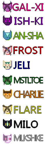 A list of the characters in the story. Alive characters are Ish-Ki aka Purple, An-Sha aka Lime, Jeli aka Blue, Charlie aka Orange, Milo aka Black, and Milkshake aka White. Listed as dead are Flare, aka Yellow, Frost, aka Red, Mistletoe, aka Green, and Gal-Xi, aka Pink.