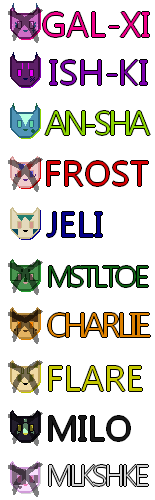 A list of the characters in the story. Alive characters are Ish-Ki aka Purple, An-Sha aka Lime, and Jeli aka Blue. Listed as dead are Flare, aka Yellow, Frost, aka Red, Mistletoe, aka Green, Gal-Xi, aka Pink, Milo, aka Black, Milkshake aka White, and Charlie aka Orange.