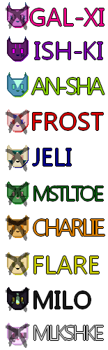 A list of the characters in the story. Only the two remaining imposters, Ish-Ki aka Purple, and An-Sha aka Lime, are alive. Listed as dead are Flare, aka Yellow, Frost, aka Red, Mistletoe, aka Green, Gal-Xi, aka Pink, Milo, aka Black, Milkshake aka White, Orange aka Charlie, and Jeli, aka Blue.