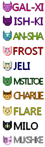 A list of the characters in the story. Alive characters are Gal-Xi aka Pink, Ish-Ki aka Purple, An-Sha aka Lime, Frost aka Red, Jeli aka Blue, Mistletoe aka Green, Charlie aka Orange, Flare aka Yellow, Milo aka Black, and Milkshake aka White.