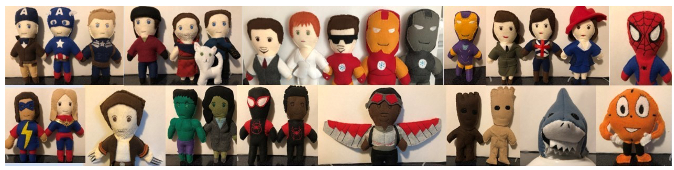Two rows of small hand-sewn character dolls. The top row has 16 dolls and the bottom row has 12. Most are Marvel characters.