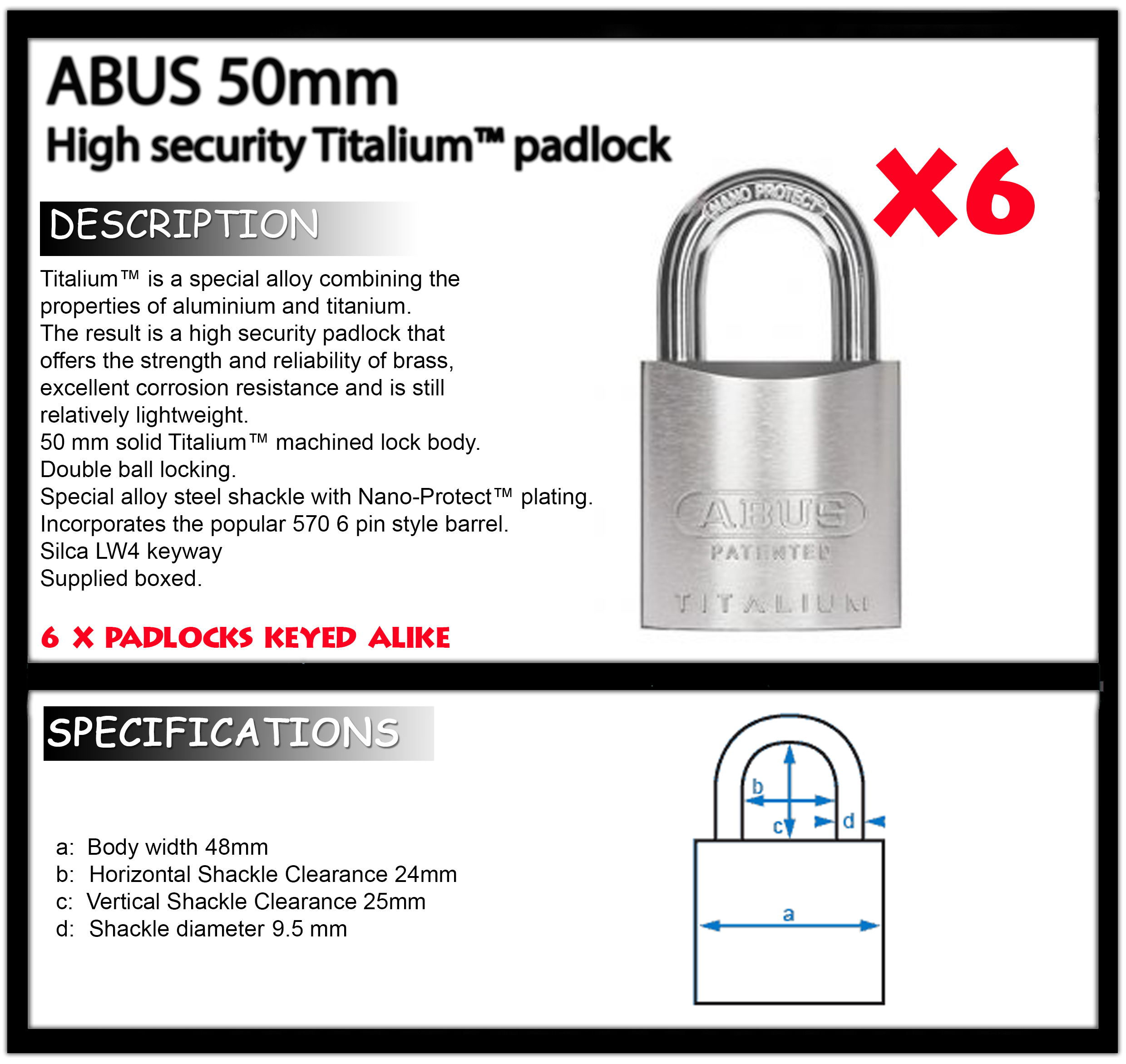 Padlocks ABUS Titalium 50mm Padlocks x6 Keyed Alike BULK LOT HIGH