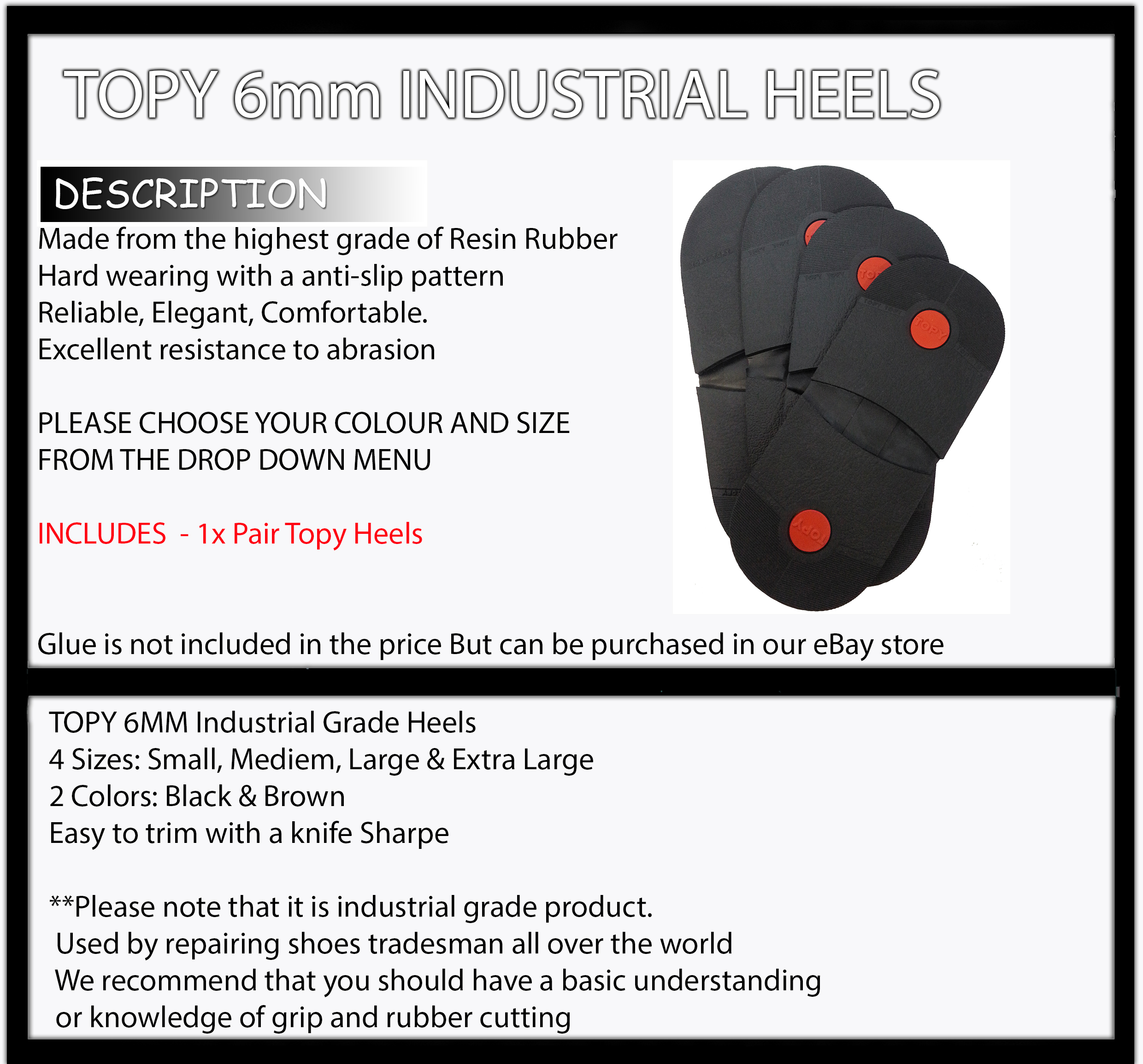 SHOE REPAIR TOPY Industrial Grade HEELS DIY 6mm Mens shoes Boots Rubber Heel