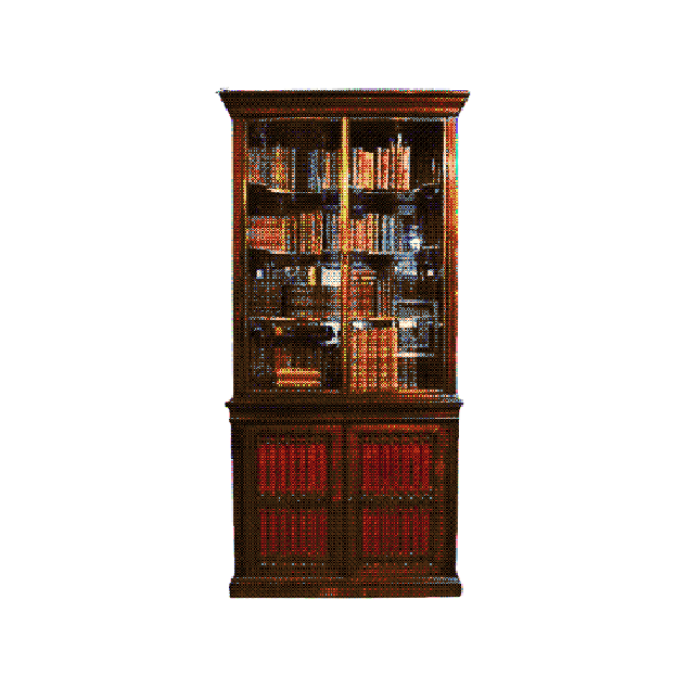 A large, semi-circle shaped floor shelf with four shelves and drawers on the bottom.