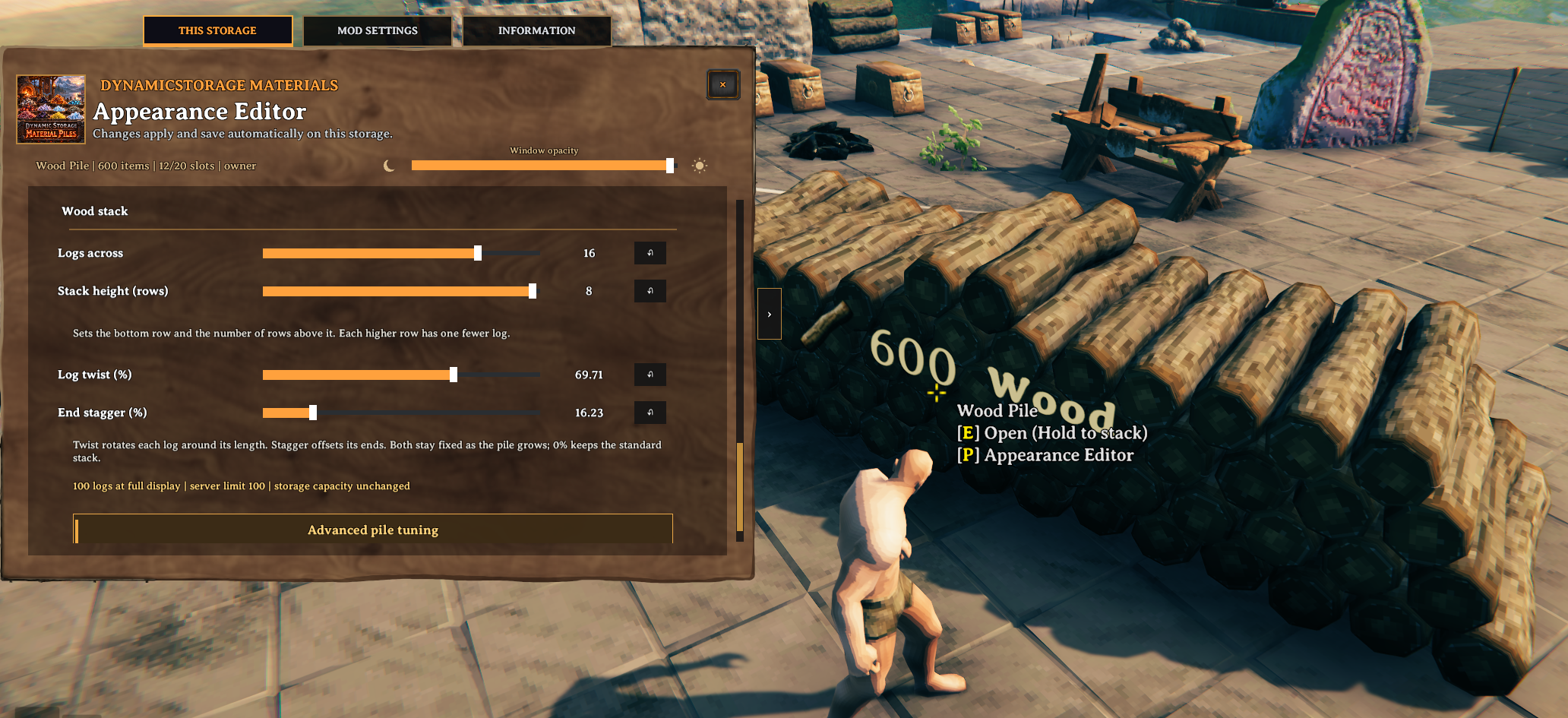 A large wood depot beside the appearance editor showing logs across, stack rows, twist and end stagger
