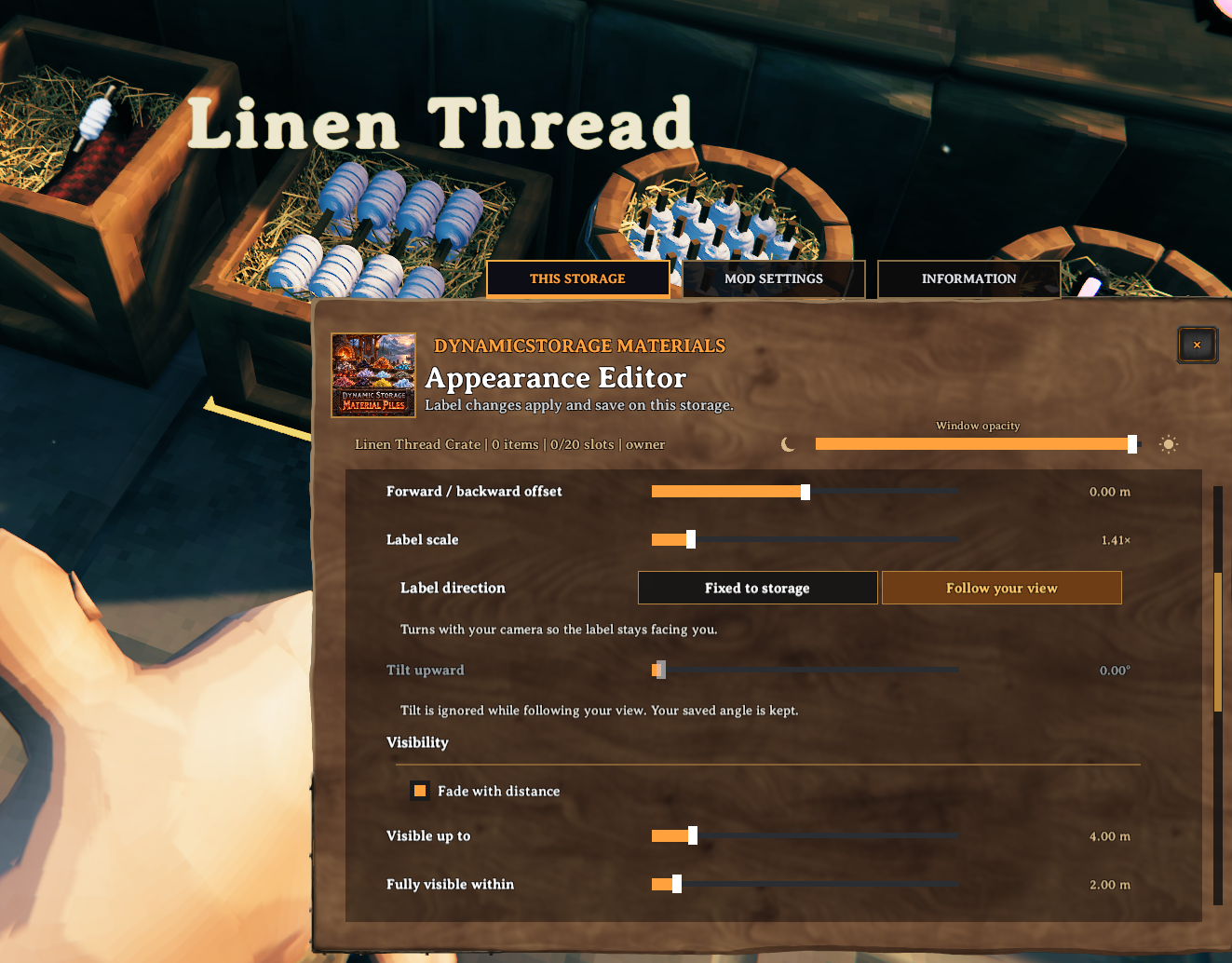 Linen Thread storage with a customisable label and its distance-fading controls