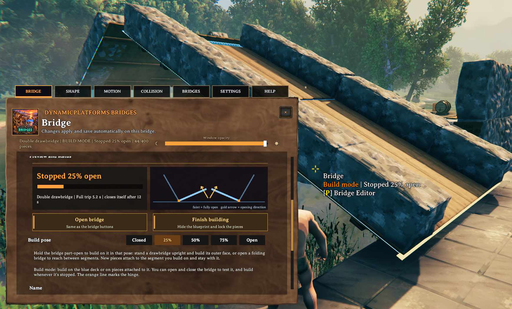 A custom double drawbridge held partly open beside its build-pose controls