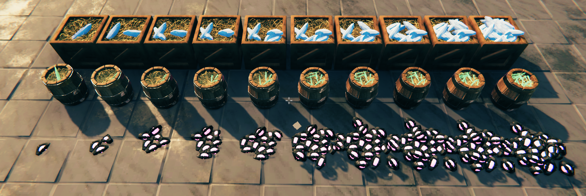 Crates, barrels and freestanding piles growing through increasing fill levels from left to right