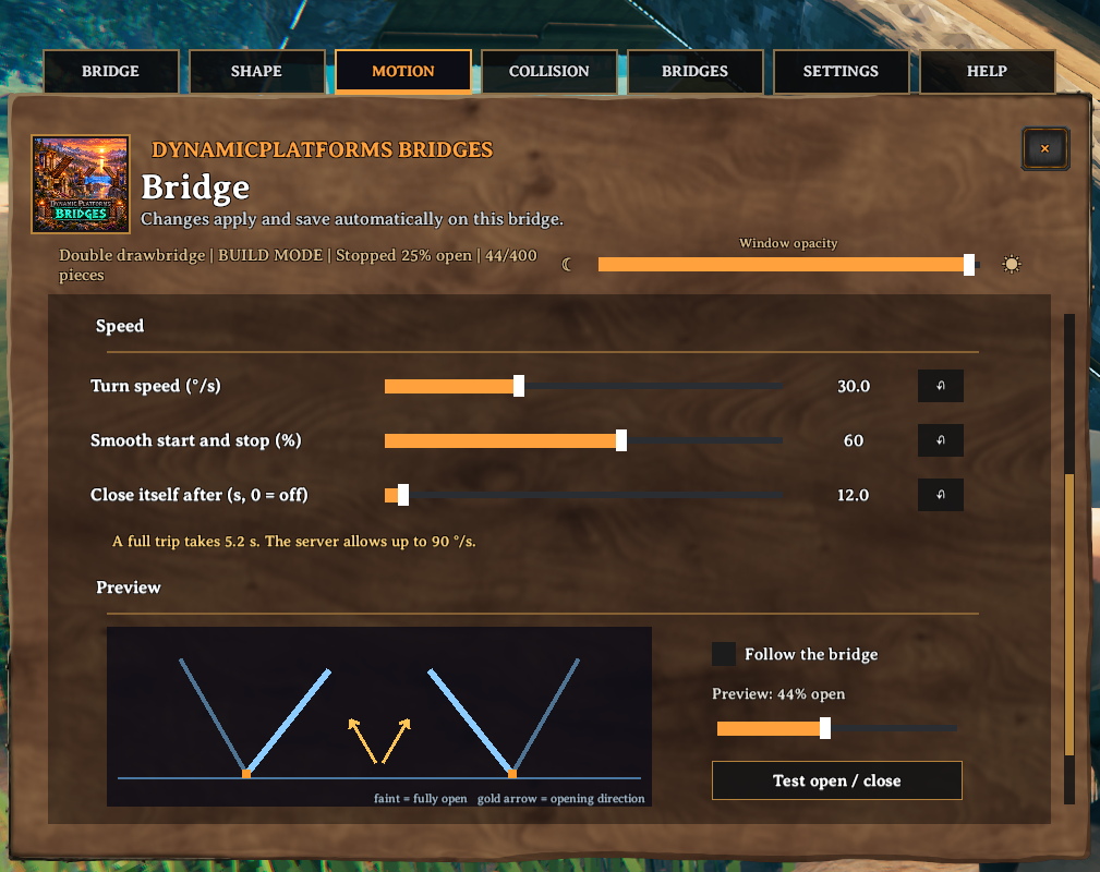 The Bridges Motion tab with speed, easing, auto-close and movement-preview controls