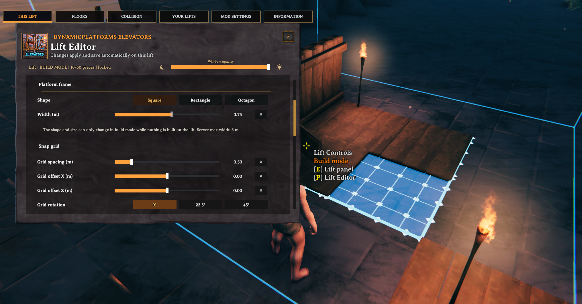 The Lift Editor with frame shape and snap-grid settings beside a custom wooden cabin