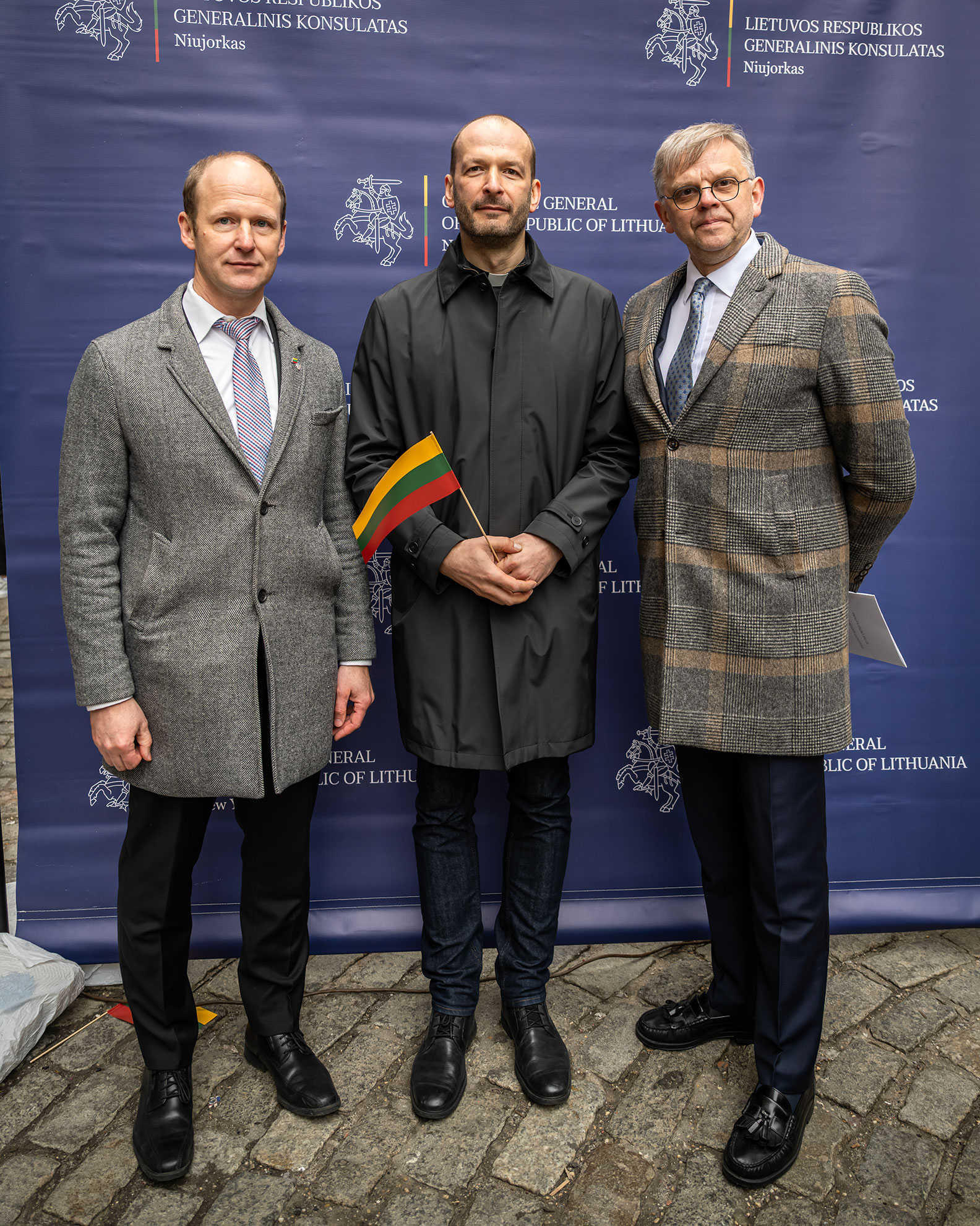 Dovydas Špokauskas Consul General of Lithuania in New York speaks at the Lithuanian Independence Restoration Day ceremony Bowling Green Park New York March 7 2026.