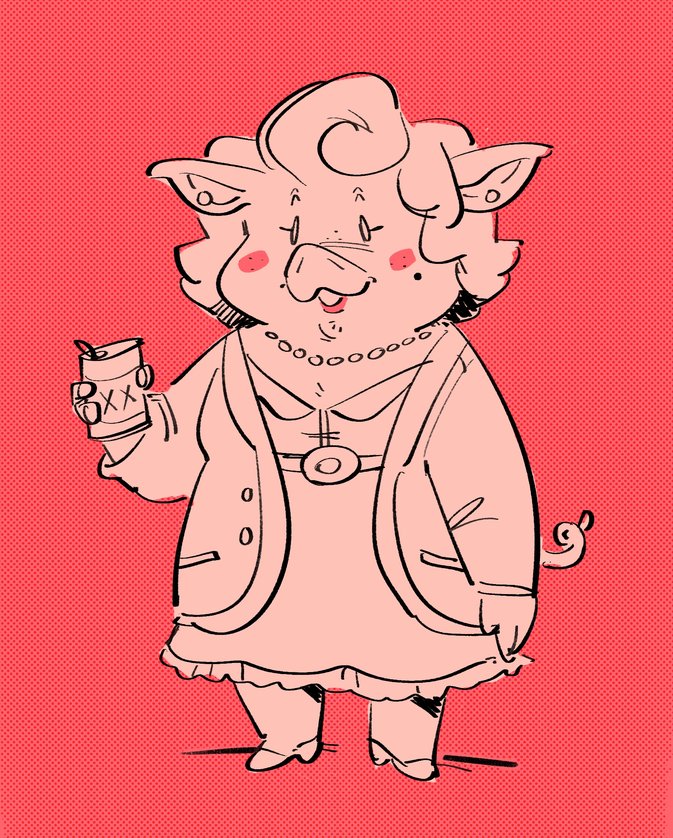 mabel faces left and holds a beer