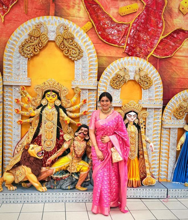 Customer in a handwoven Banarasi saree with meenakari accents by Katansi