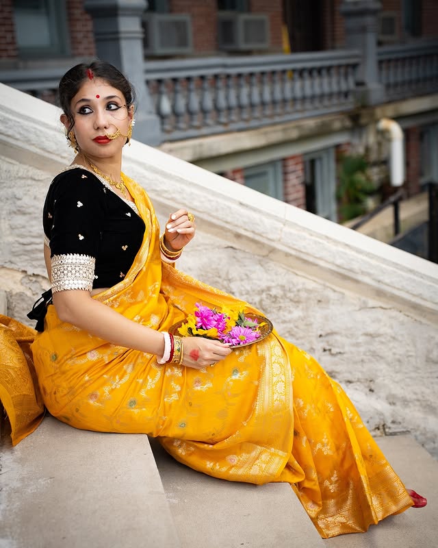 Customer wearing a handwoven pure silk saree from the Katansi collection