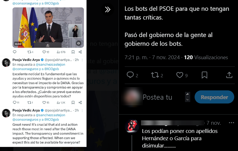 Dos usuarios hablando sobre estas cuentas diciendo que son bots del PSOE