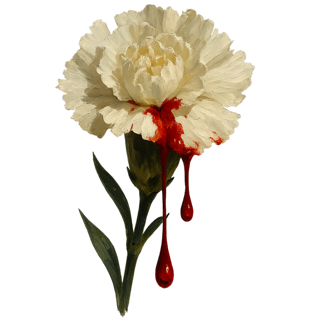 An AI generated image of a white carnation in full bloom. Two drops of blood drip from its petals.